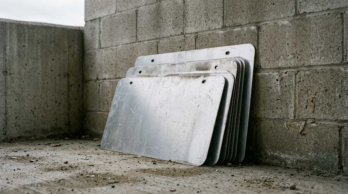 Six unpainted aluminium sign blanks with rounded corners and two punched mounting holes each, stacked leaning against a plain concrete block wall in a bare storage bay.