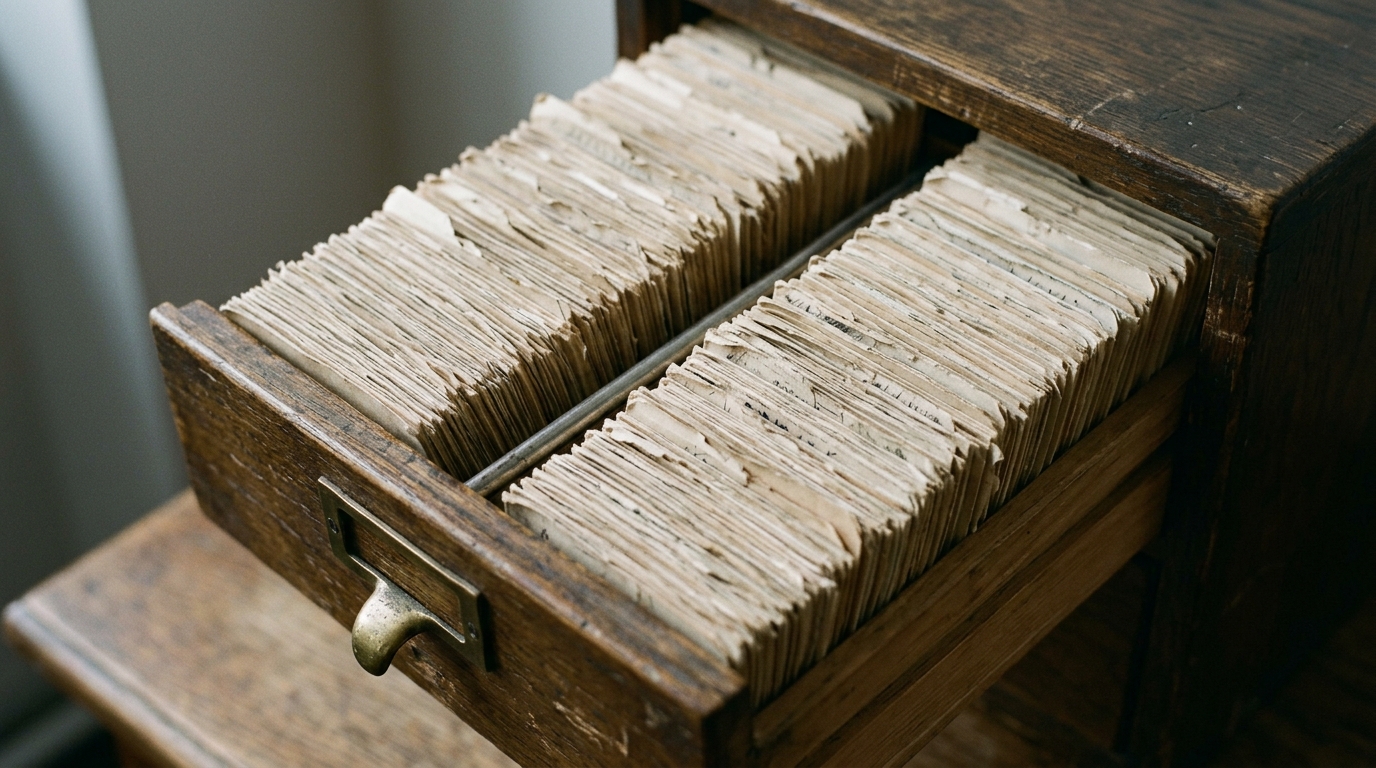 A shallow wooden card index drawer pulled part way out of its cabinet, holding two packed banks of buff cards standing on edge, with a brass pull below and a metal guide rod through the cards.