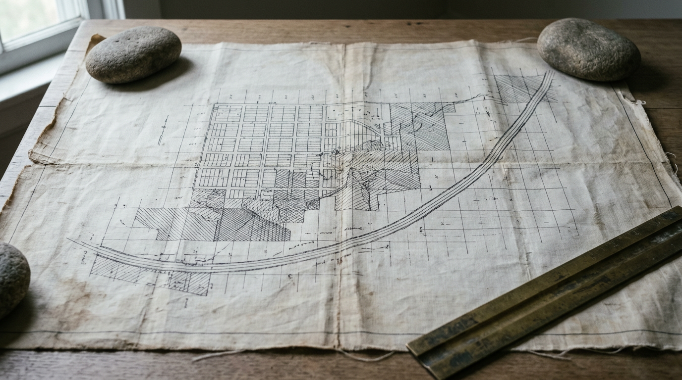 An old linen backed survey drawing unrolled on a plain table and weighted at the corners by smooth stones, showing a grid of small rectangles, hatched blocks and one long curve crossing the sheet, with a brass parallel rule laid across a corner.